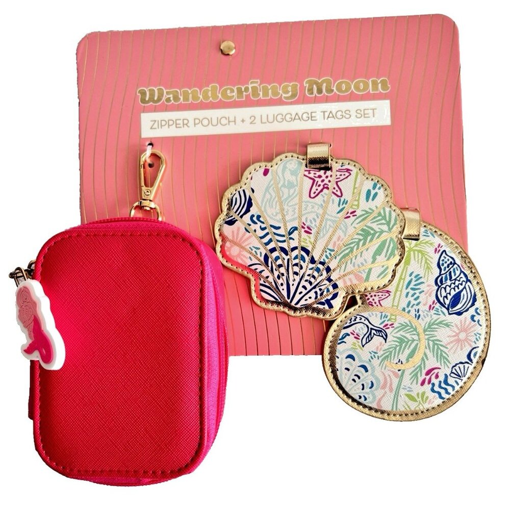 WANDERING MOON Shell 2 Luggage Tags & Zipper Pouch Pink Blue Ocean Travel Gift